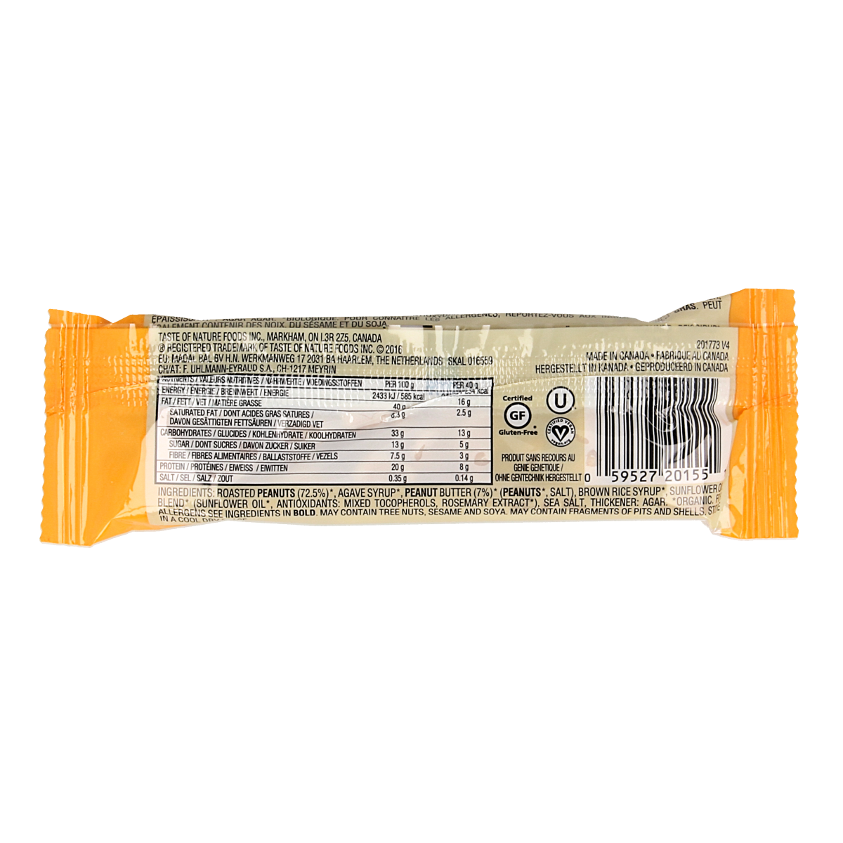 Taste Of Nature organic peanut granenreep snack bar, 40g, with visible peanuts and crisp texture in a natural setting.