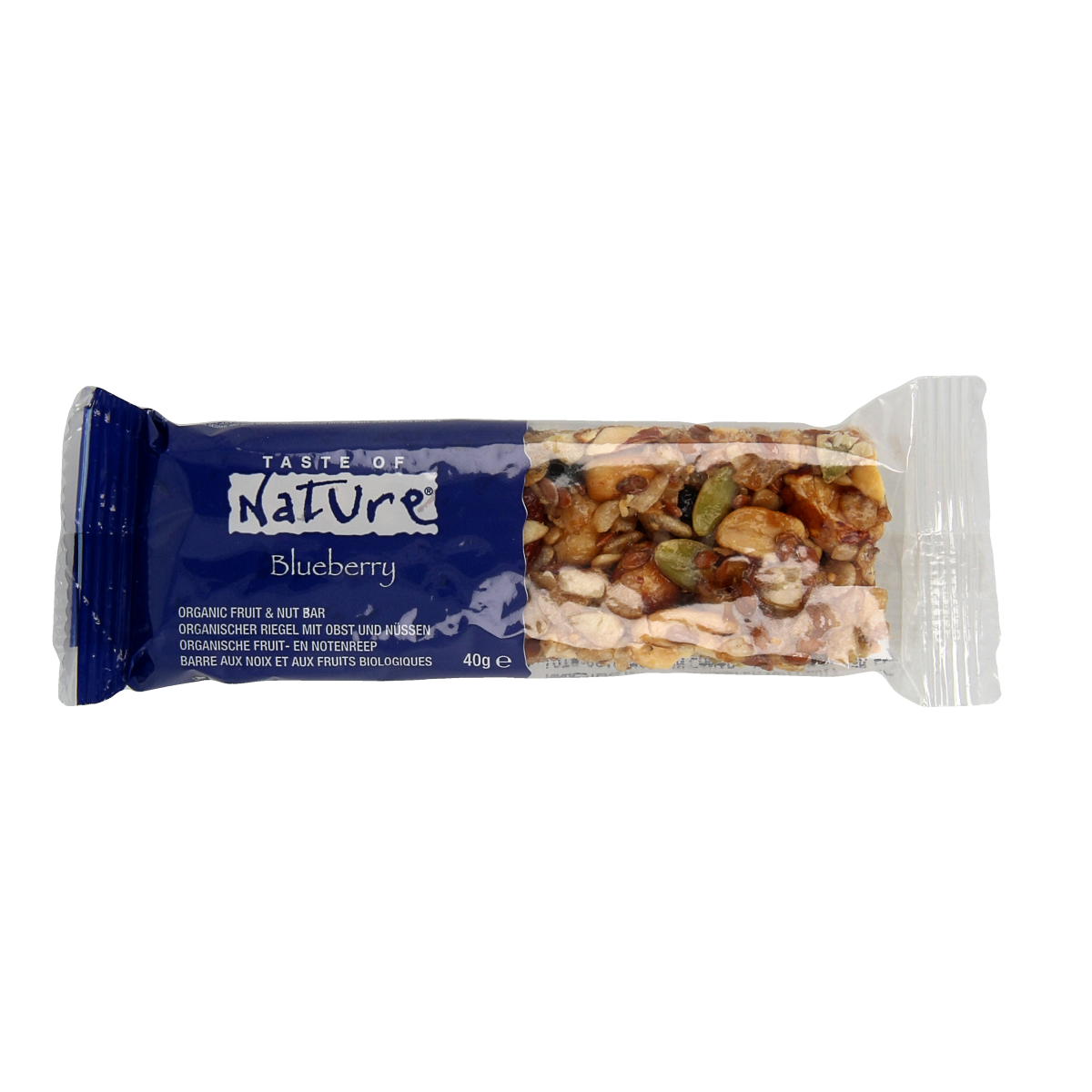 Taste Of Nature blueberry granenreep bio, 40g, a natural snack with blueberry flavor, ideal for quick, healthy bites.