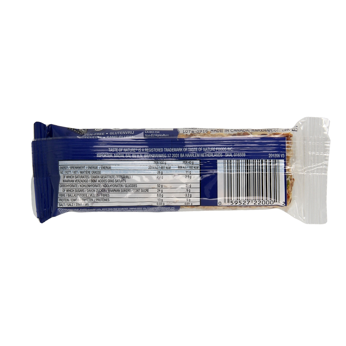 Taste Of Nature Blueberry granenreep bio snack, 40g, with blueberry flavor and crunchy texture, in natural packaging.