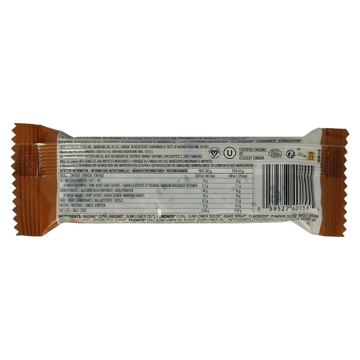 Taste Of Nature almond granenreep bio snack bar with almonds and grains, 40 grams, natural healthy snack option.
