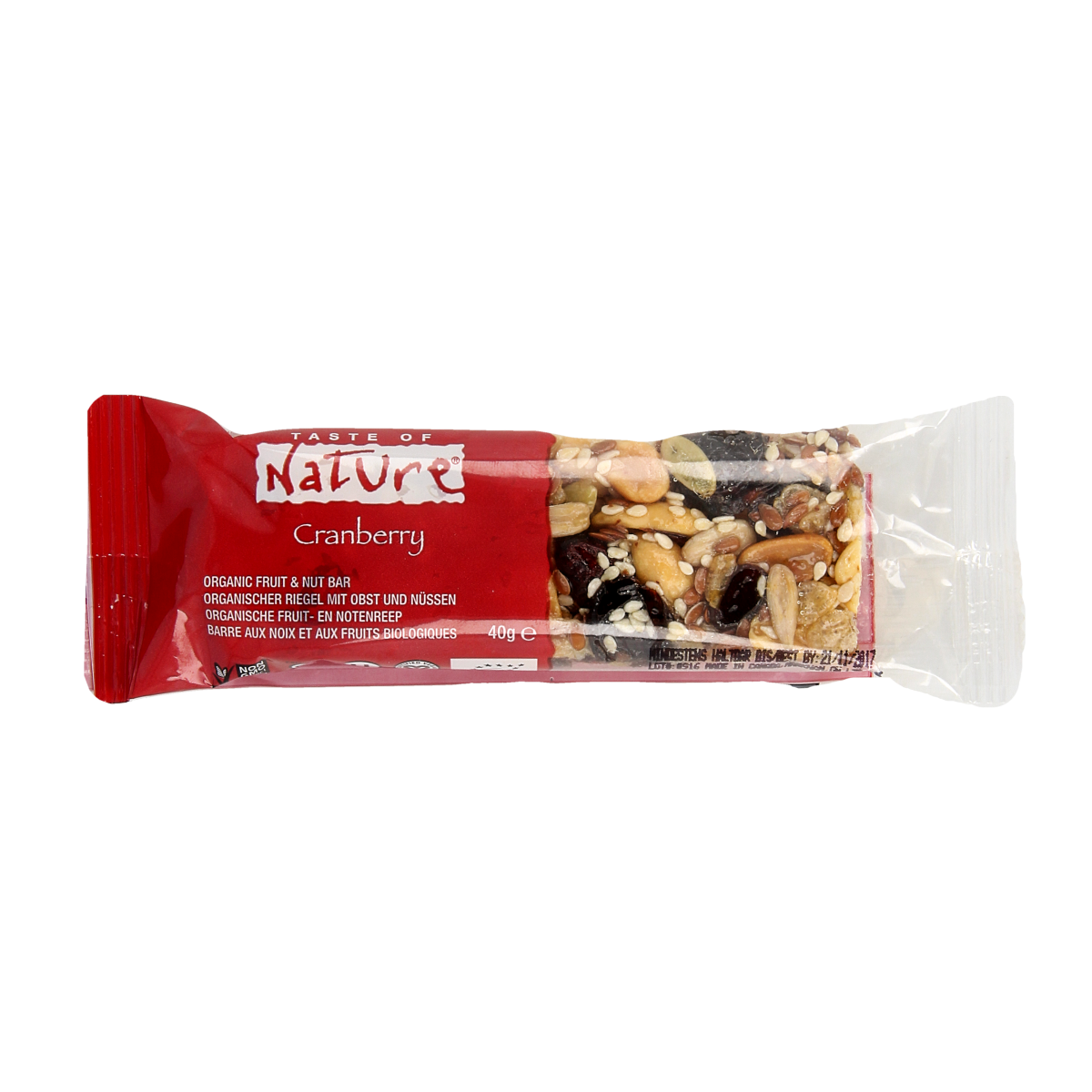 Taste Of Nature Cranberry Granenreep bio snack bar, showing crunchy oat bar with cranberries on the packaging.