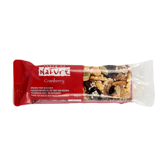 Taste Of Nature Cranberry Granenreep bio snack bar, showing crunchy oat bar with cranberries on the packaging.