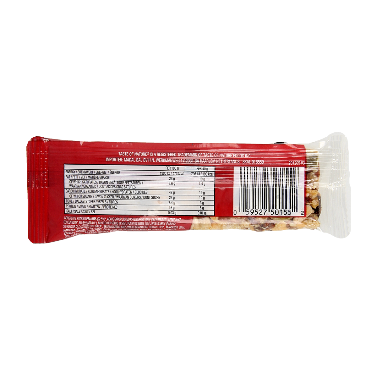 Taste Of Nature cranberry granenreep bio snack bar on a white background, showcasing the crunchy, healthy snack.