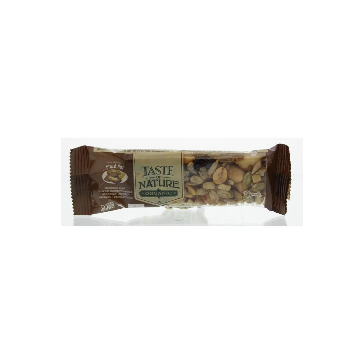 Taste Of Nature Brazilian nut granenreep bio, a 40g snack bar with crunchy nuts and grains, natural and organic ingredients.