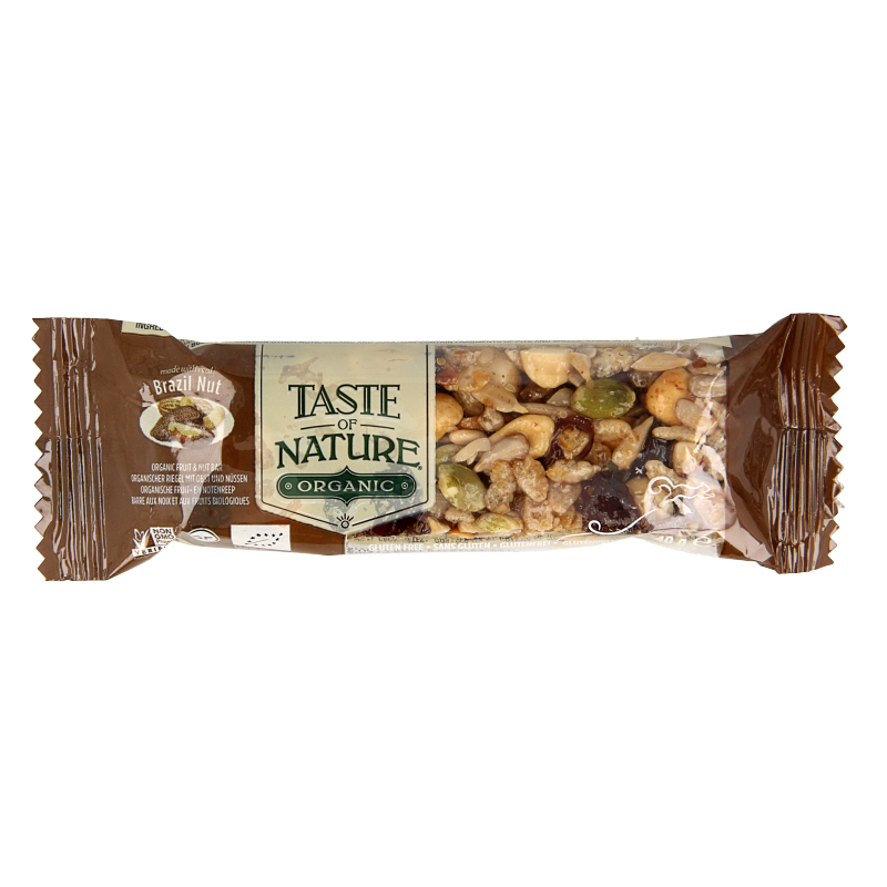 Taste Of Nature Brazilian nut granenreep bio snack in 40g, showing a healthy, crunchy nut bar with Brazilian nuts and grains.