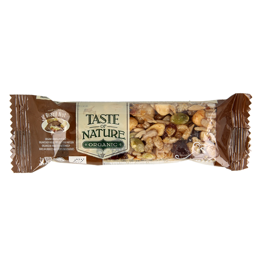 Taste Of Nature Brazilian nut granenreep bio snack in 40g, showing a healthy, crunchy nut bar with Brazilian nuts and grains.