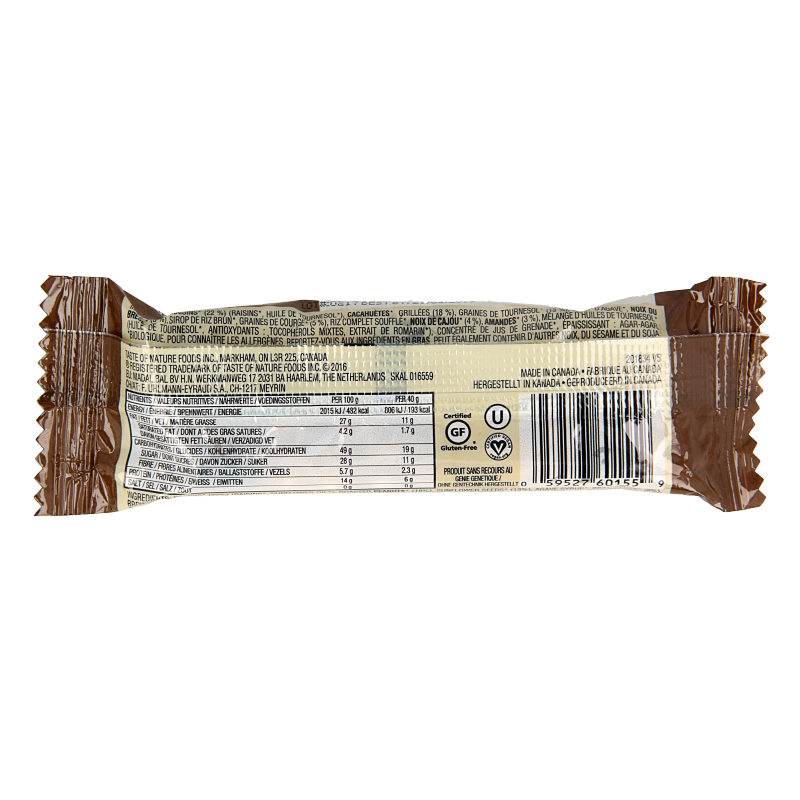 Taste Of Nature Brazilian nut granenreep bio snack bar, showing a close-up of the crunchy, nut-filled bar on a neutral background.