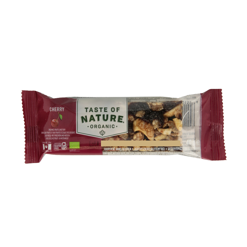 Taste Of Nature Kersen granenreep bio snack bar with cherries, oats, and grains, in a 40g organic snack bar package.
