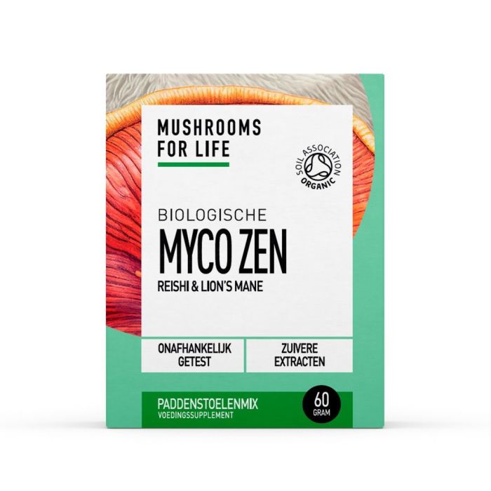 Bio Mushrooms for Life Myco Zen powder in a 60g container, showcasing the herbal supplement for wellness.