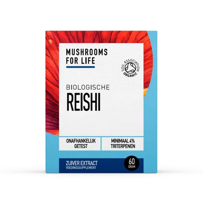 Organic Mushrooms for Life Reishi powder in a 60g package, showing the fine reddish-brown Reishi mushroom powder.