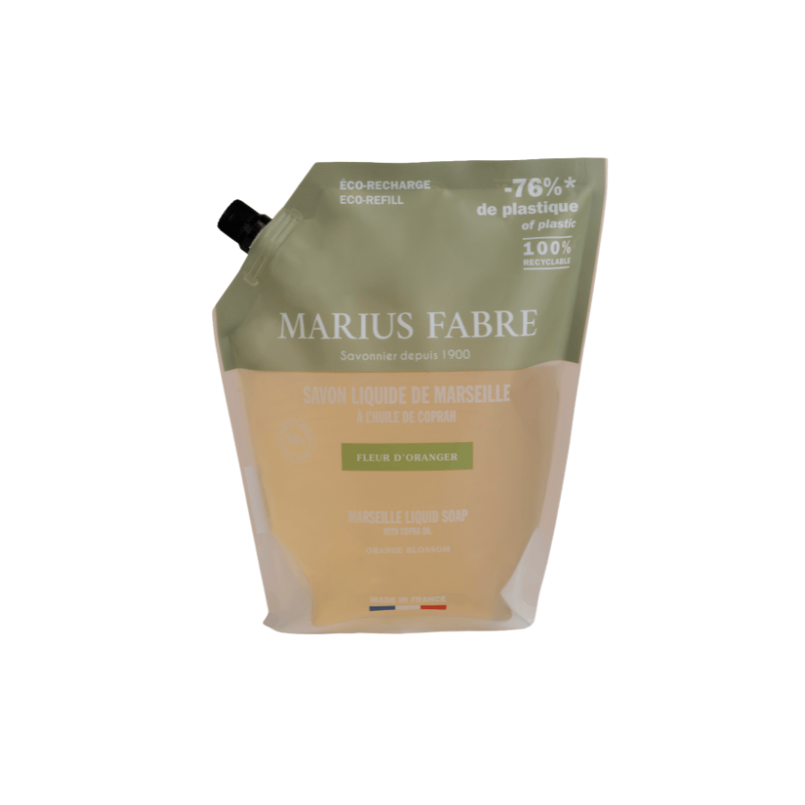 Marius Fabre Zeep Oranjebloesem refill bottle, 1 liter, with orange blossom scent and label showing product details and branding.