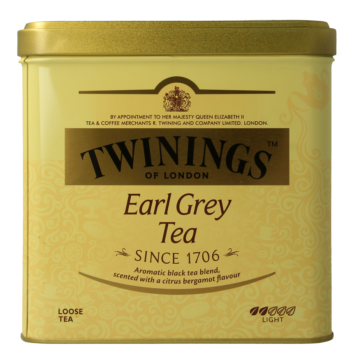 Twinings Earl Grey tea in a 500g blik, featuring black tea leaves infused with bergamot flavor, in a metal container.