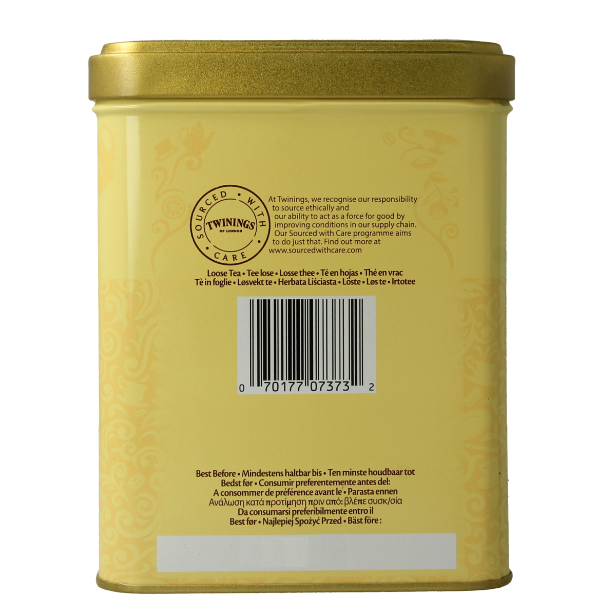 Twinings Earl Grey tea in a 500g blik, showing the round metal container with Twinings branding and tea leaves inside.