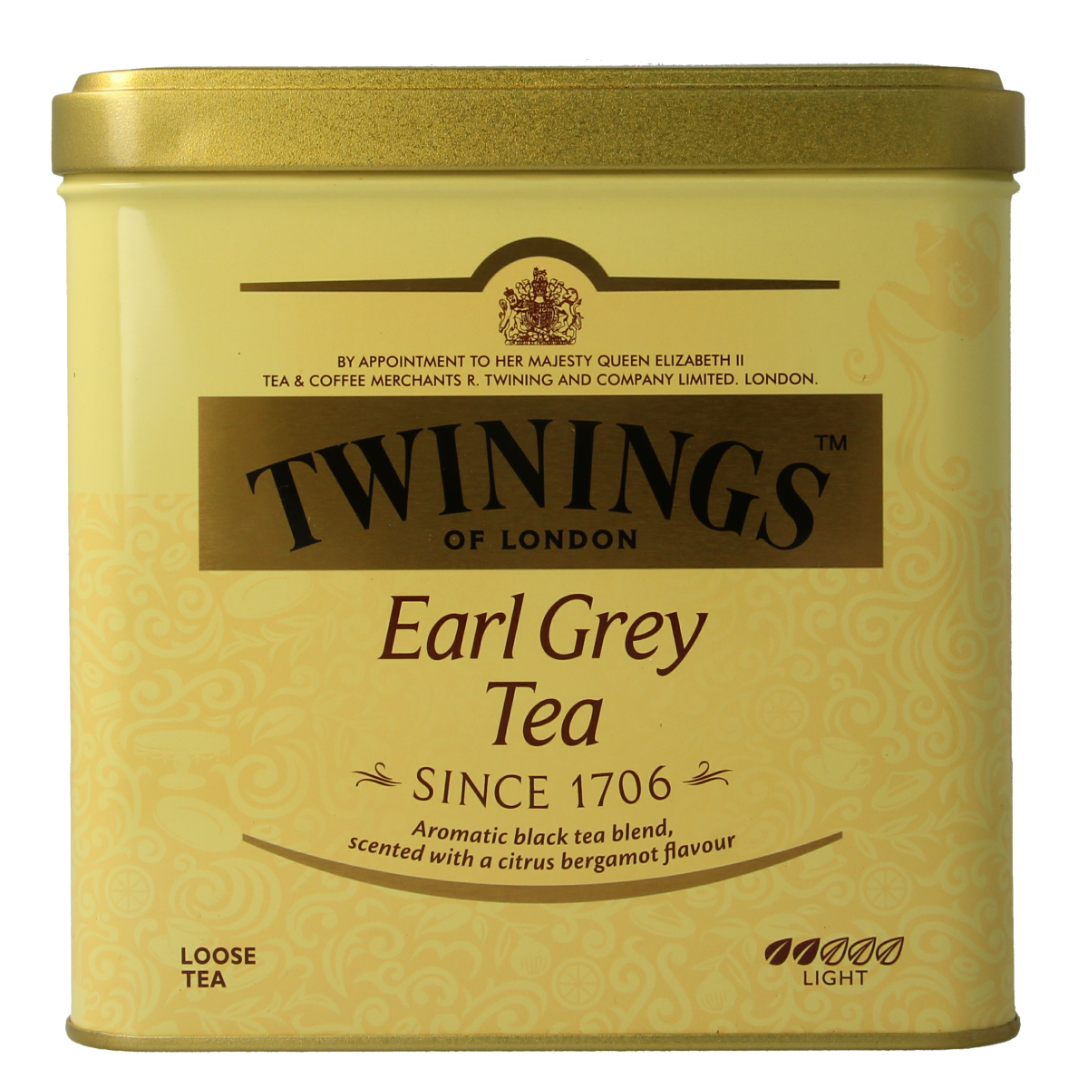 Twinings Earl Grey tea in a 500g blik, featuring aromatic citrus and bergamot flavor, ideal for tea lovers.