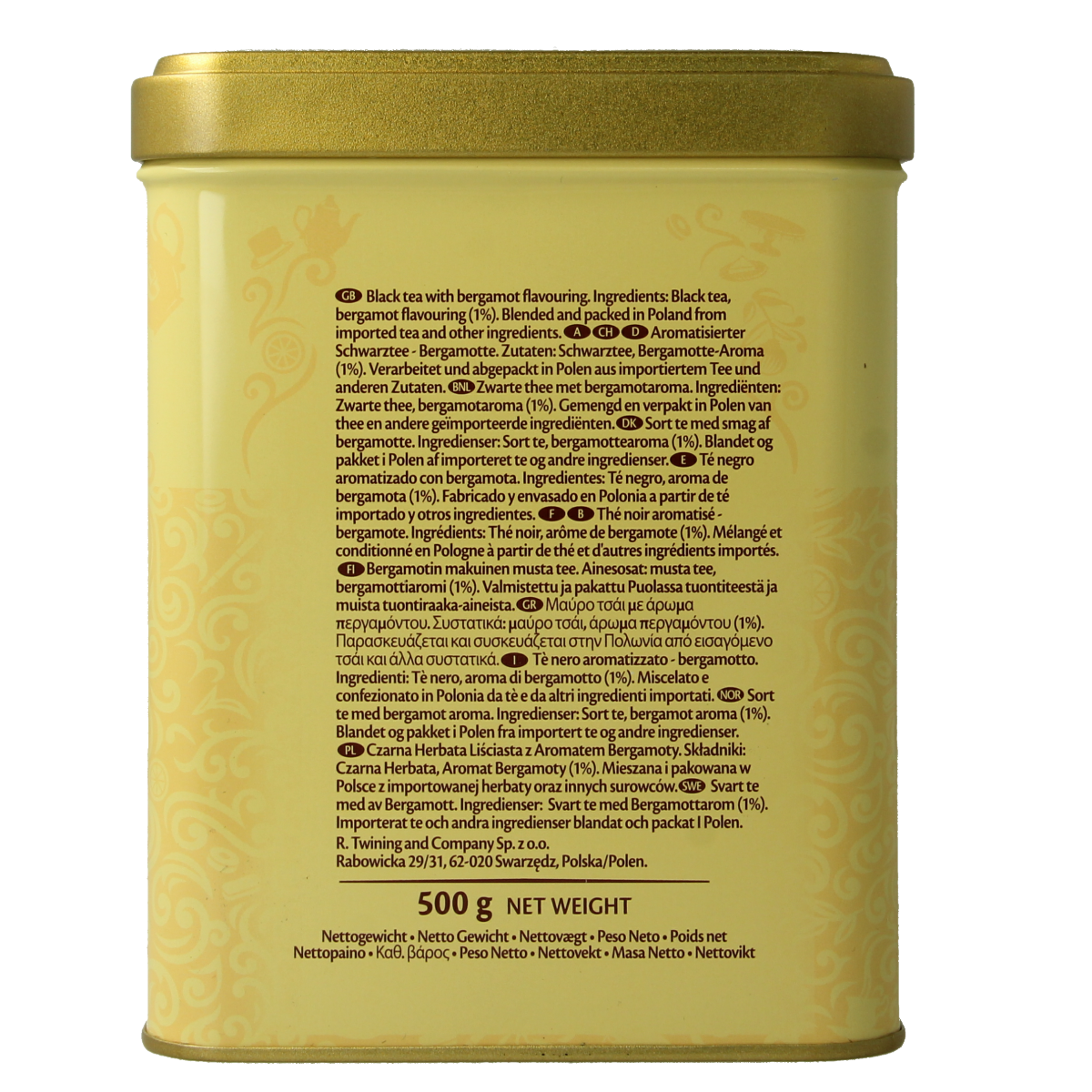 Twinings Earl Grey tea in a 500g tin, featuring the classic tea blend with citrus and bergamot flavor.