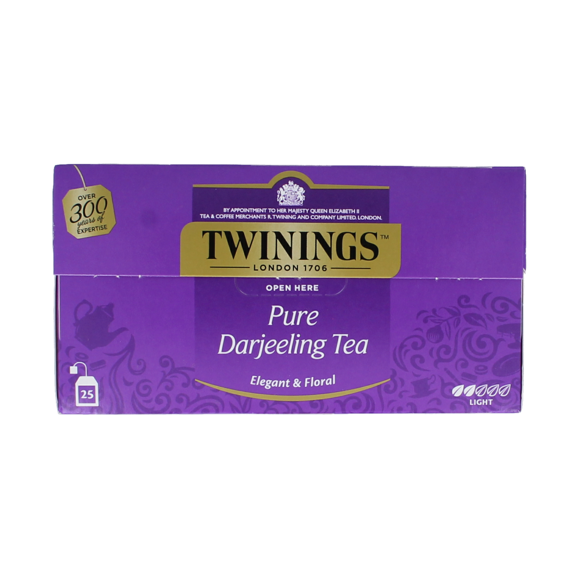 Twinings Darjeeling tea bags, 25-count, showcasing tea packaging with tea leaves and branding elements.