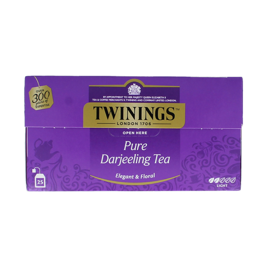 Twinings Darjeeling tea bags, 25-count, showcasing tea packaging with tea leaves and branding elements.