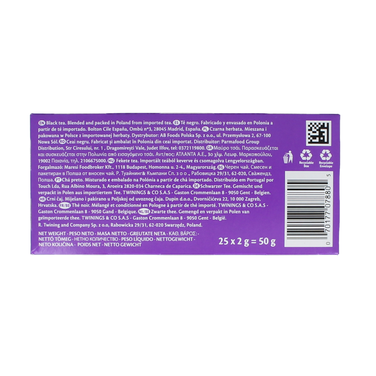 Twinings Darjeeling tea bags, 25-count, showcasing the tea packaging with the Twinings logo and Darjeeling flavor branding.