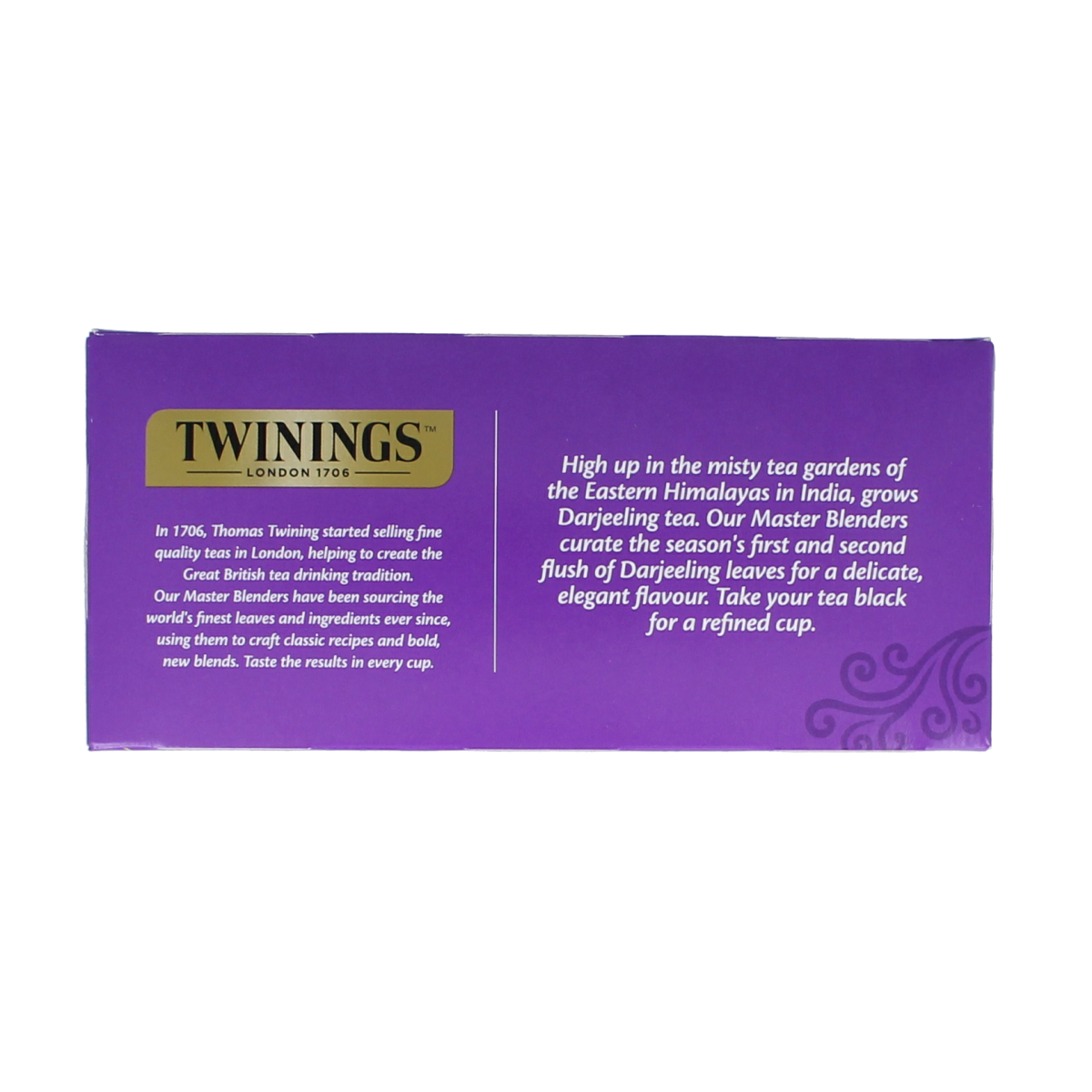 Twinings Darjeeling tea in 25 tea bags, showcasing the packaging with the tea bags inside and the Twinings logo.