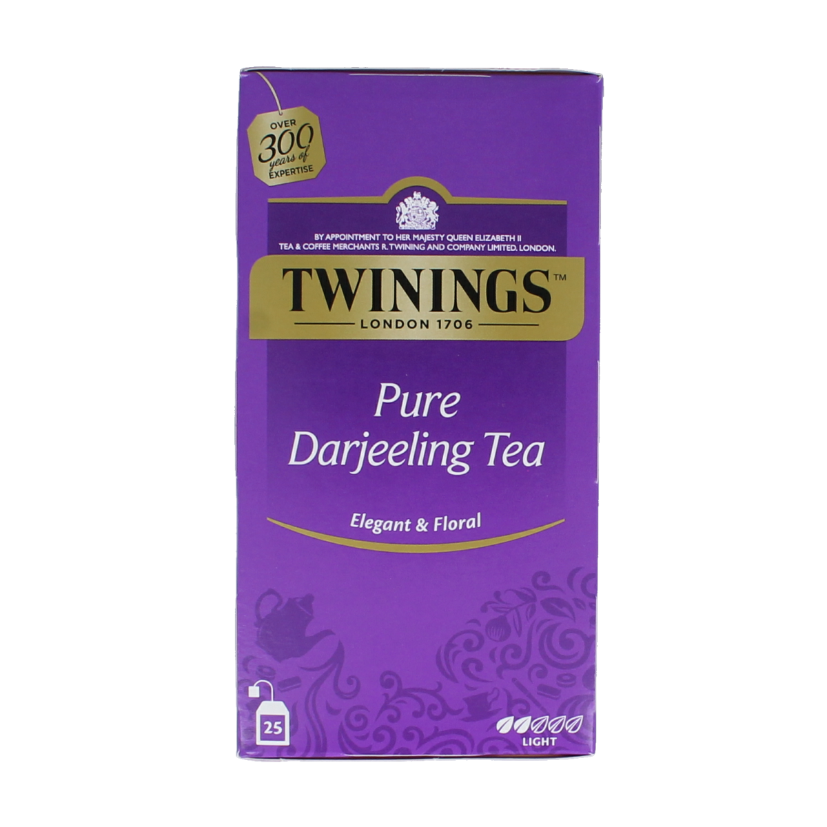 Twinings Darjeeling tea bags in a box, showcasing 25 tea bags of aromatic Indian black tea in a natural, colorful packaging.