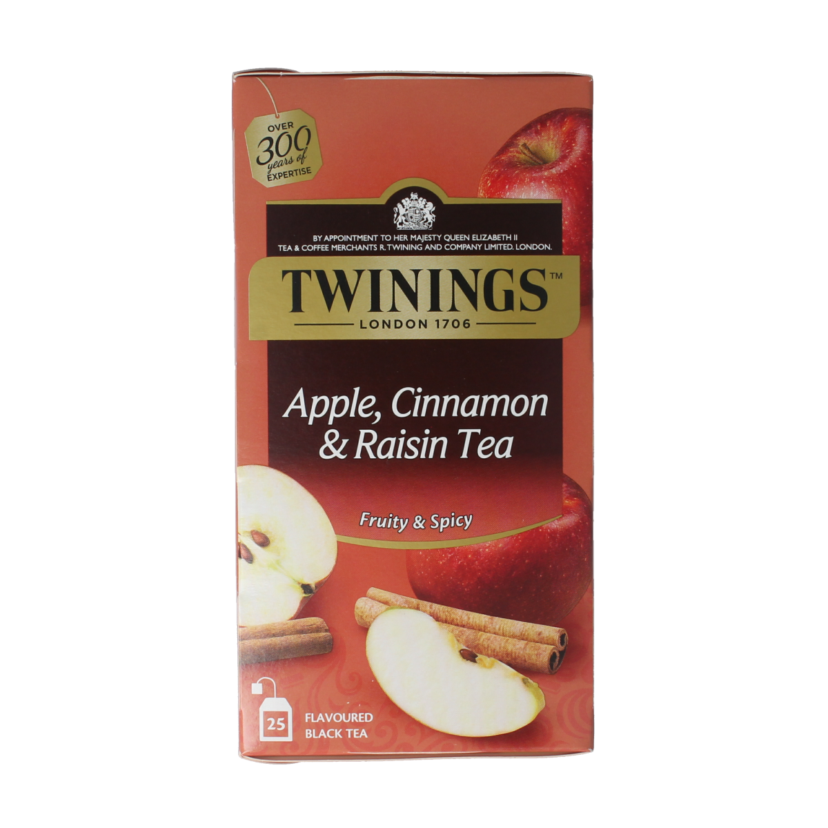 Twinings apple cinnamon raisin tea bags in a box, showcasing the packaging with tea leaves and cinnamon sticks.