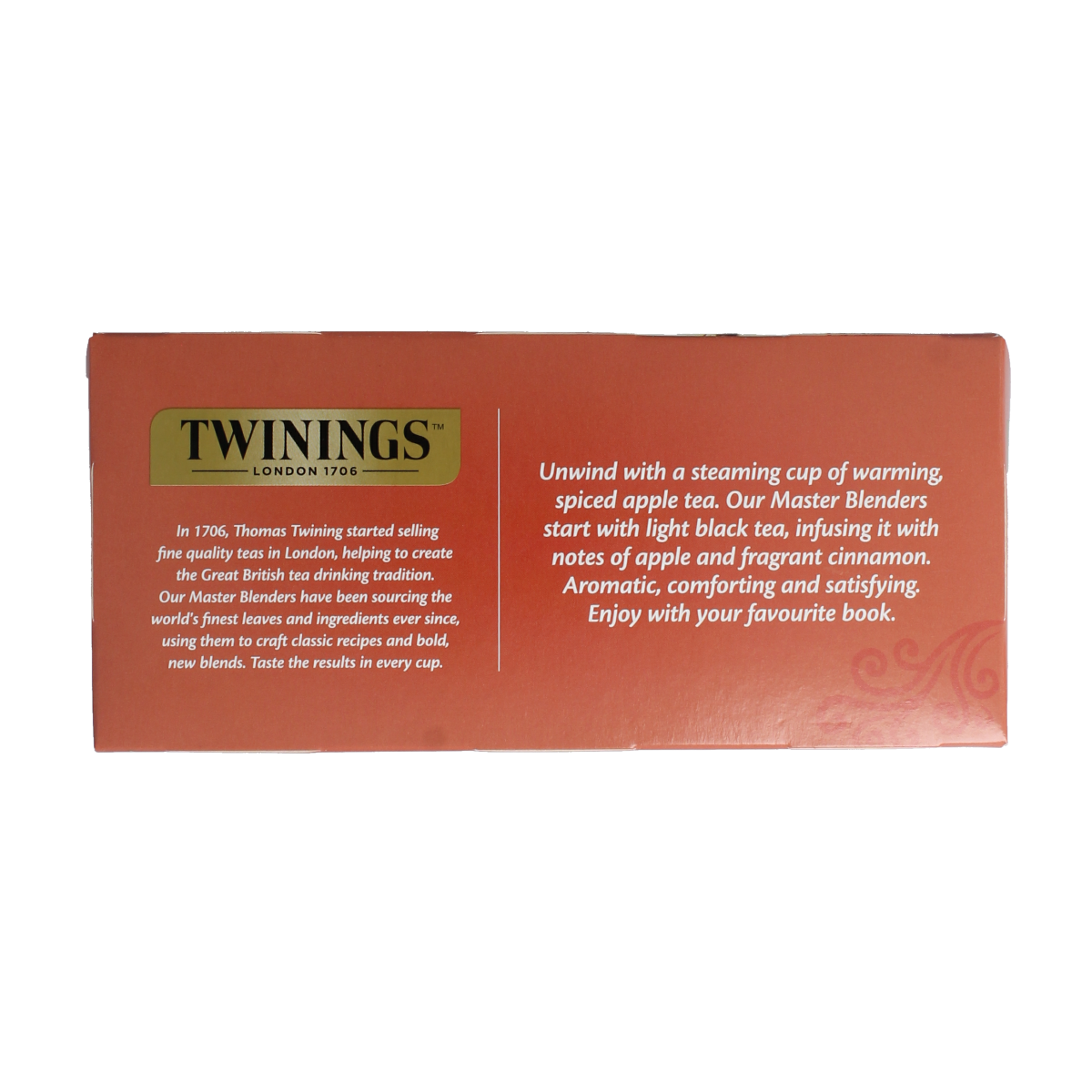 Twinings Apple Cinnamon Raisin tea bags, 25-count box, featuring apple, cinnamon, and raisin flavors in a colorful package.