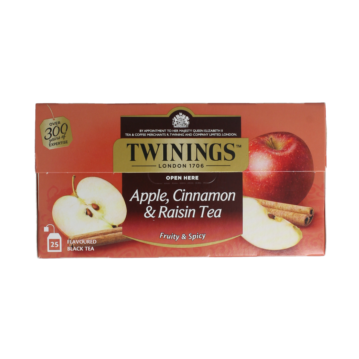 Twinings Apple Cinnamon Raisin tea bags, 25-count, with dried apple slices, cinnamon sticks, and raisins in a tea box.