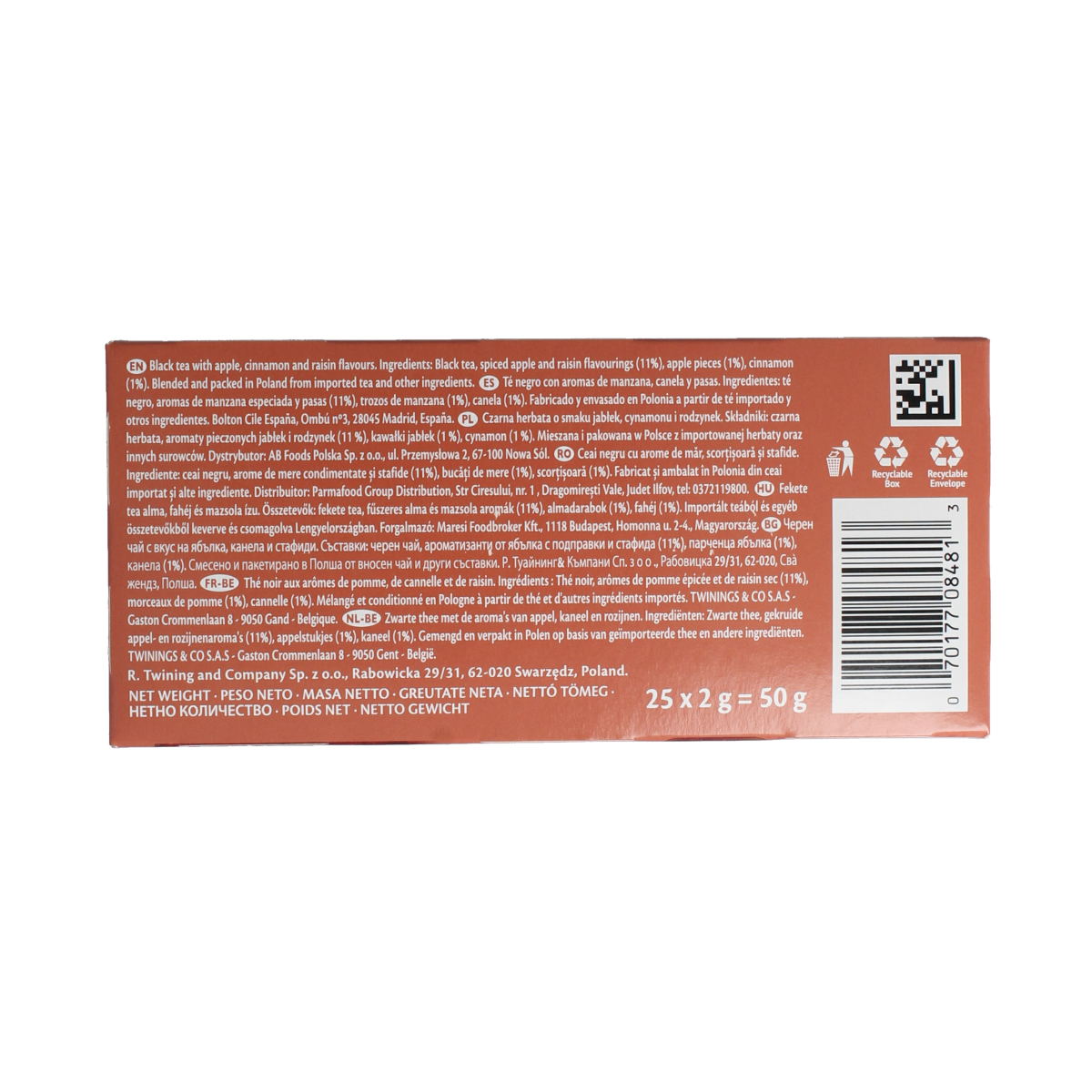 Twinings Apple Cinnamon Raisin tea bags in a box, showcasing the packaging for this flavored herbal tea product.