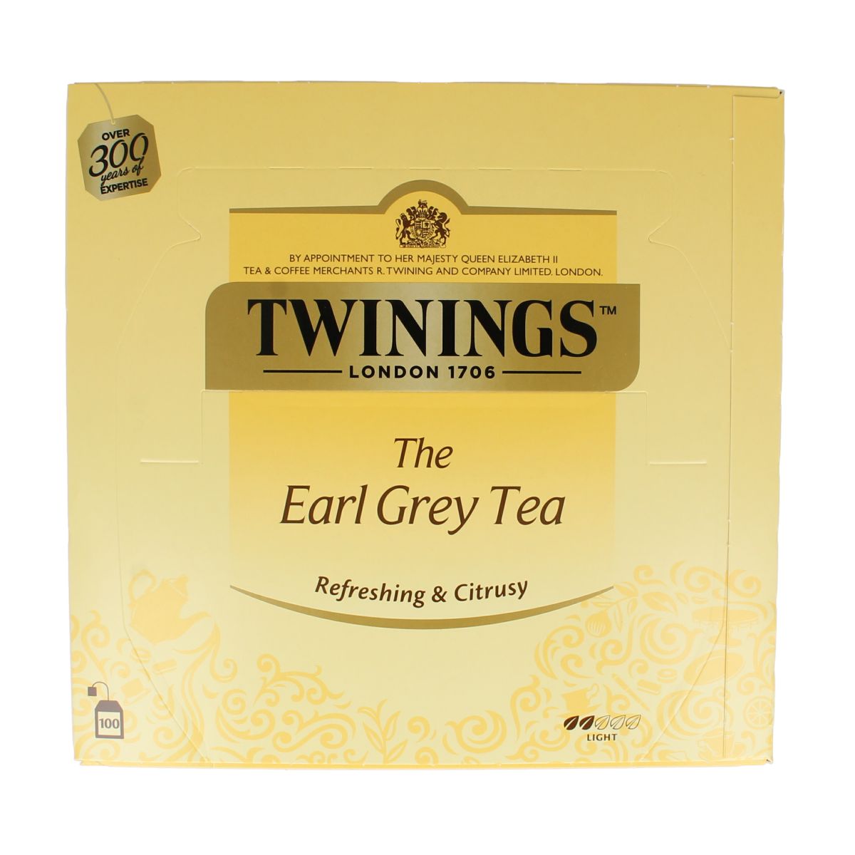 Twinings Earl Grey tea envelopes, 100-count box, featuring aromatic tea bags with distinctive packaging visible.