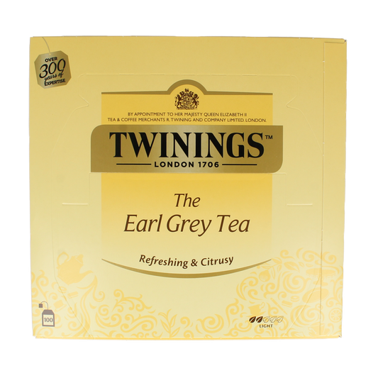 Twinings Earl Grey tea envelopes, 100-count box, featuring aromatic tea bags with distinctive packaging visible.