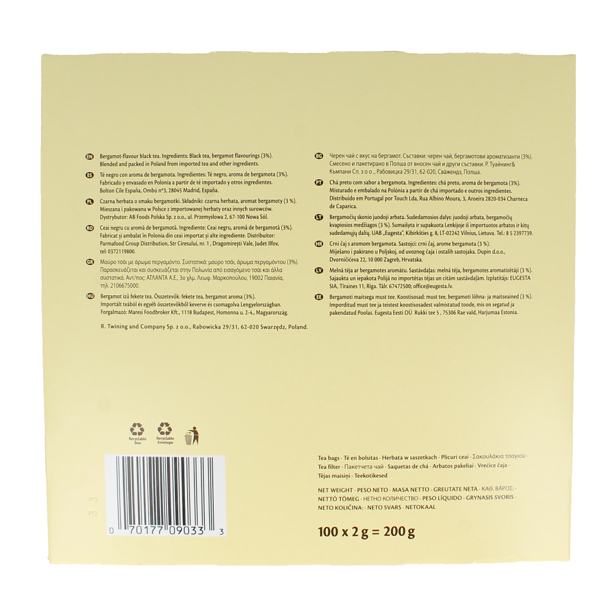 Twinings Earl Grey tea envelopes, 100-pack, showing individually wrapped tea bags with the Twinings logo and elegant packaging.
