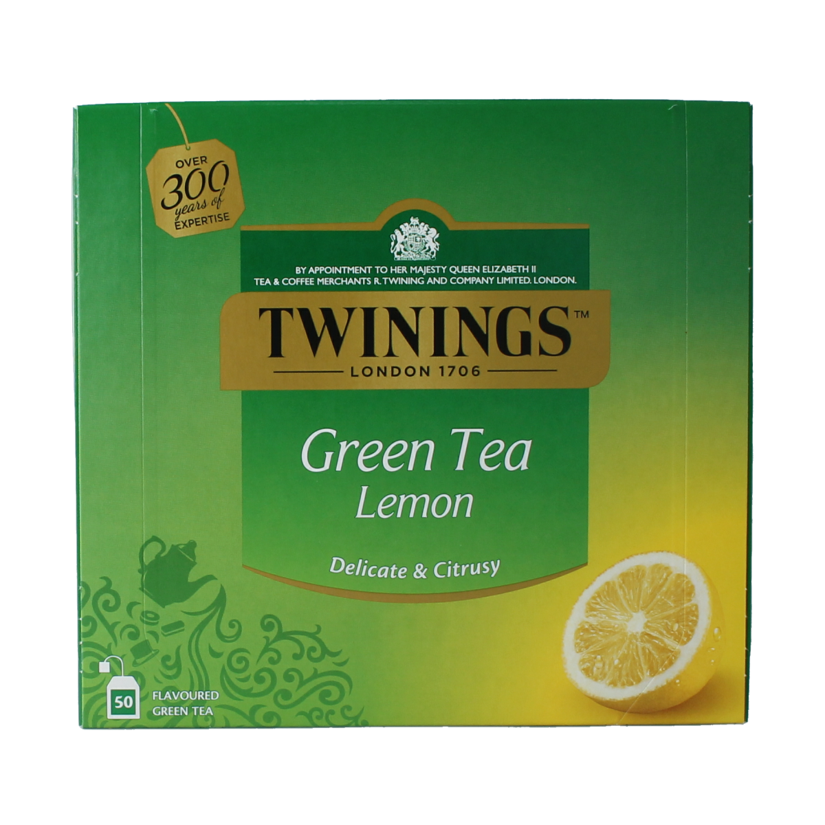 Twinings Green Lemon Envelop Tea bags, 50 count, with fresh lemon flavor and green tea leaves in individual sachets.