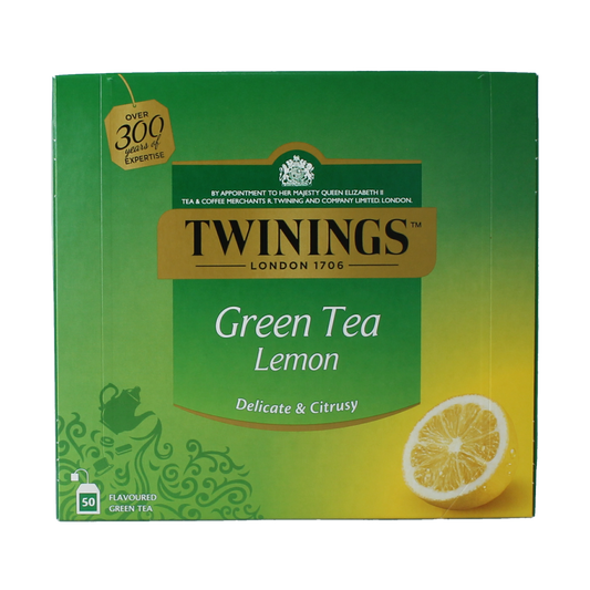 Twinings Green Lemon Envelop Tea bags, 50 count, with fresh lemon flavor and green tea leaves in individual sachets.