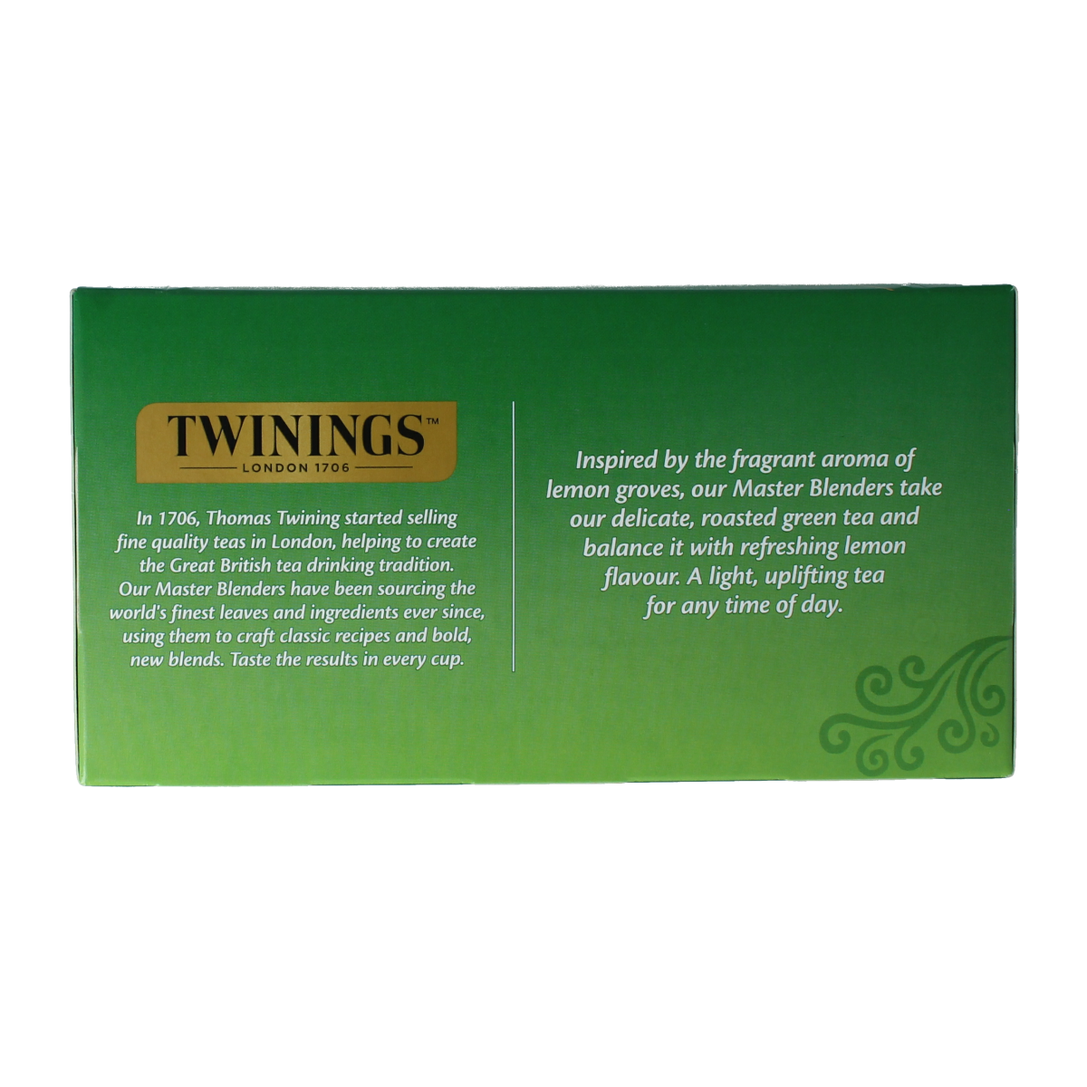 Twinings Green Lemon Envelop Tea sachets, aromatic tea bags with green tea and lemon flavor, in a box of 50 sachets.