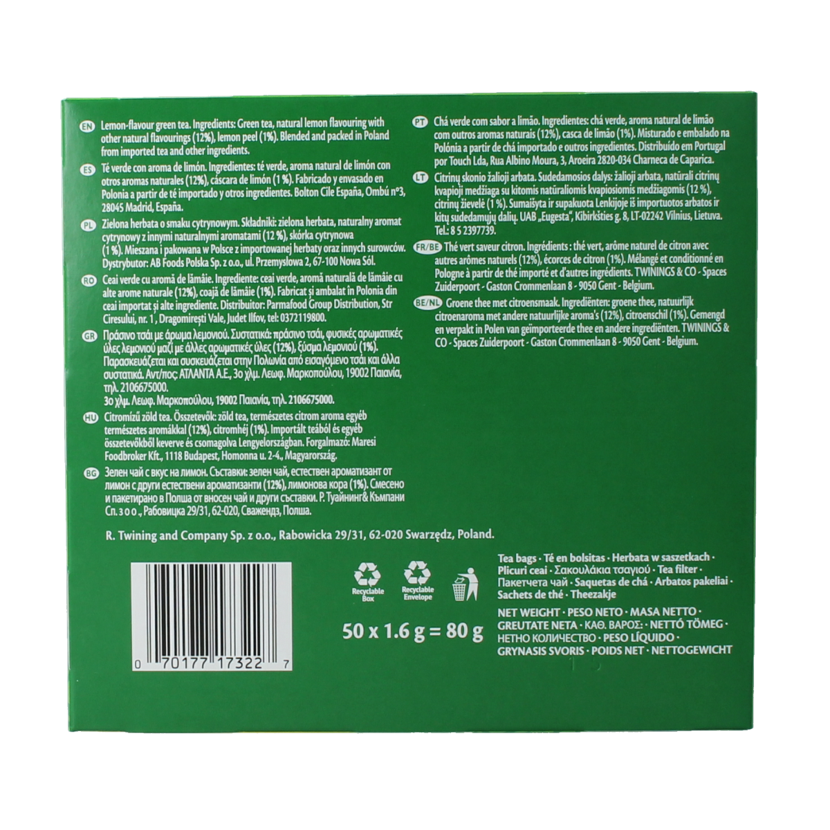 Twinings green lemon tea envelopes, 50-count pack, featuring fresh lemon flavor and green tea leaves in individual sachets.