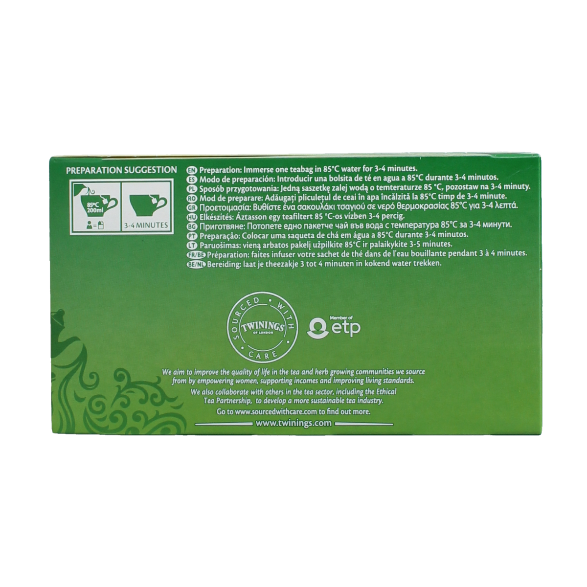 Twinings Green Lemon Envelop Tea sachets, 50-pack, herbal tea with lemon flavor, ideal for refreshing beverages.