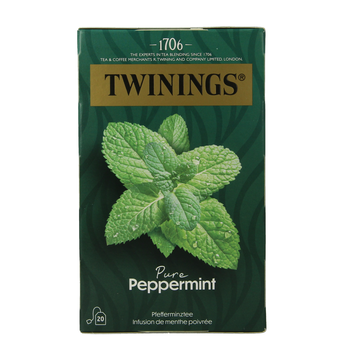 Twinings Pepermunt tea bags, 20-count, featuring fresh peppermint flavor in individual sachets.