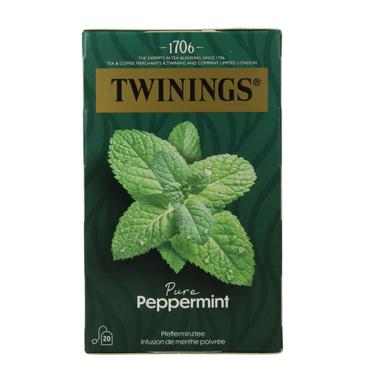 Twinings Pepermunt tea bags, 20-count, featuring fresh peppermint flavor in individual sachets.