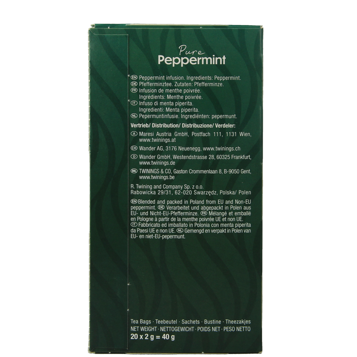 Twinings Pepermunt tea bags, 20-pack, featuring fresh mint flavor, in a colorful box with tea bags displayed.
