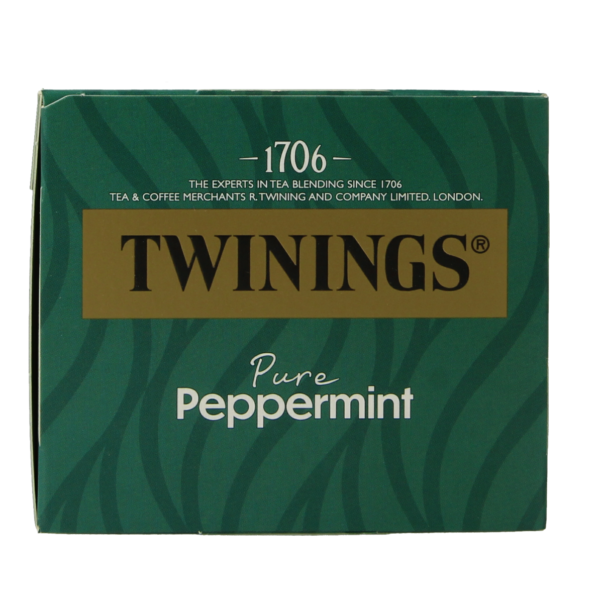 Twinings Pepermunt tea bags in a box, featuring green mint leaves on the packaging, for refreshing herbal tea.