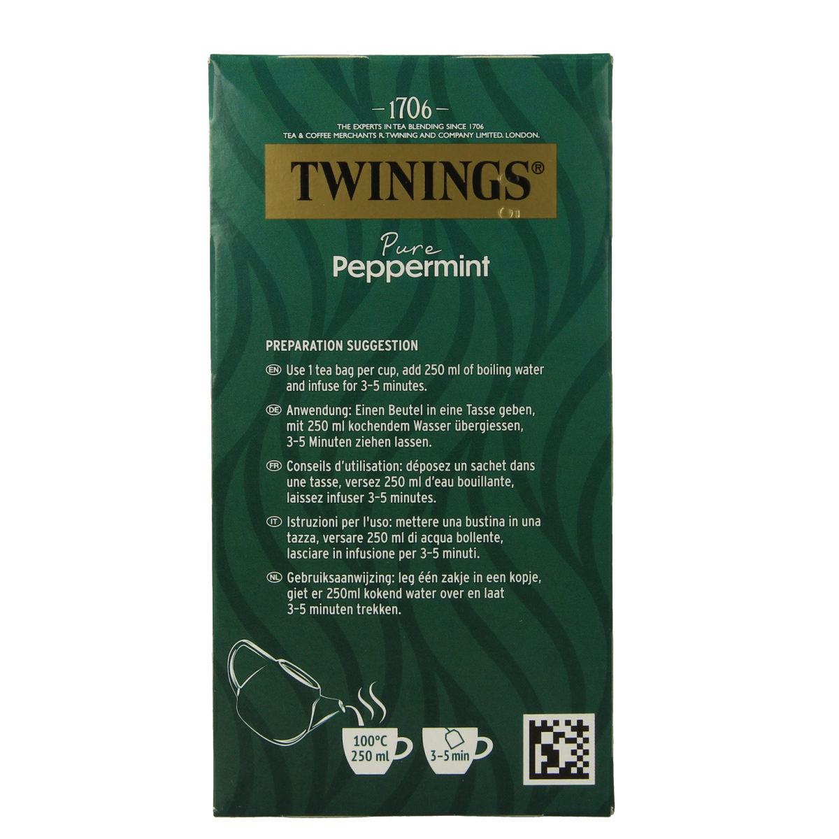 Twinings Pepermunt tea bags, 20-count, showing a box of peppermint flavored tea for soothing herbal refreshment