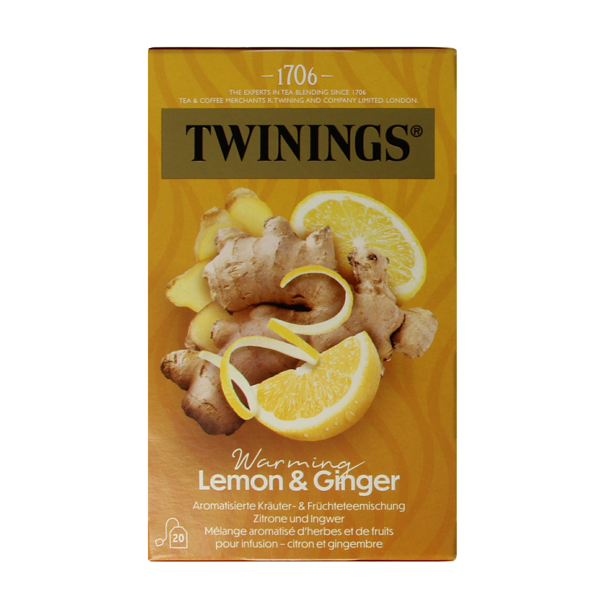 Twinings Citroen Gember tea bags, 20-count box, featuring lemon and ginger flavor in a colorful packaging.