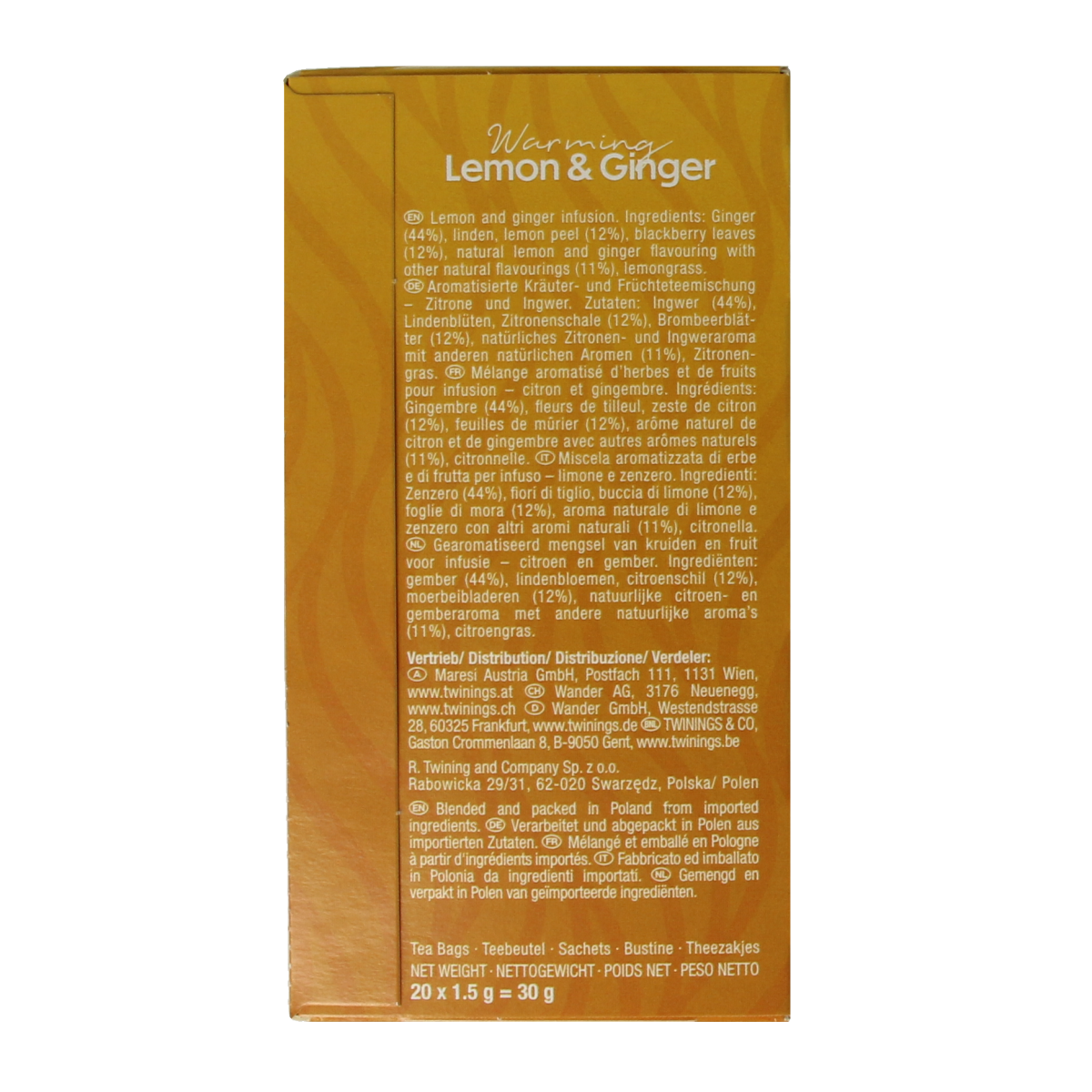 Twinings Citroen Gember tea in a box of 20 tea bags, showing the colorful packaging and tea bags inside.