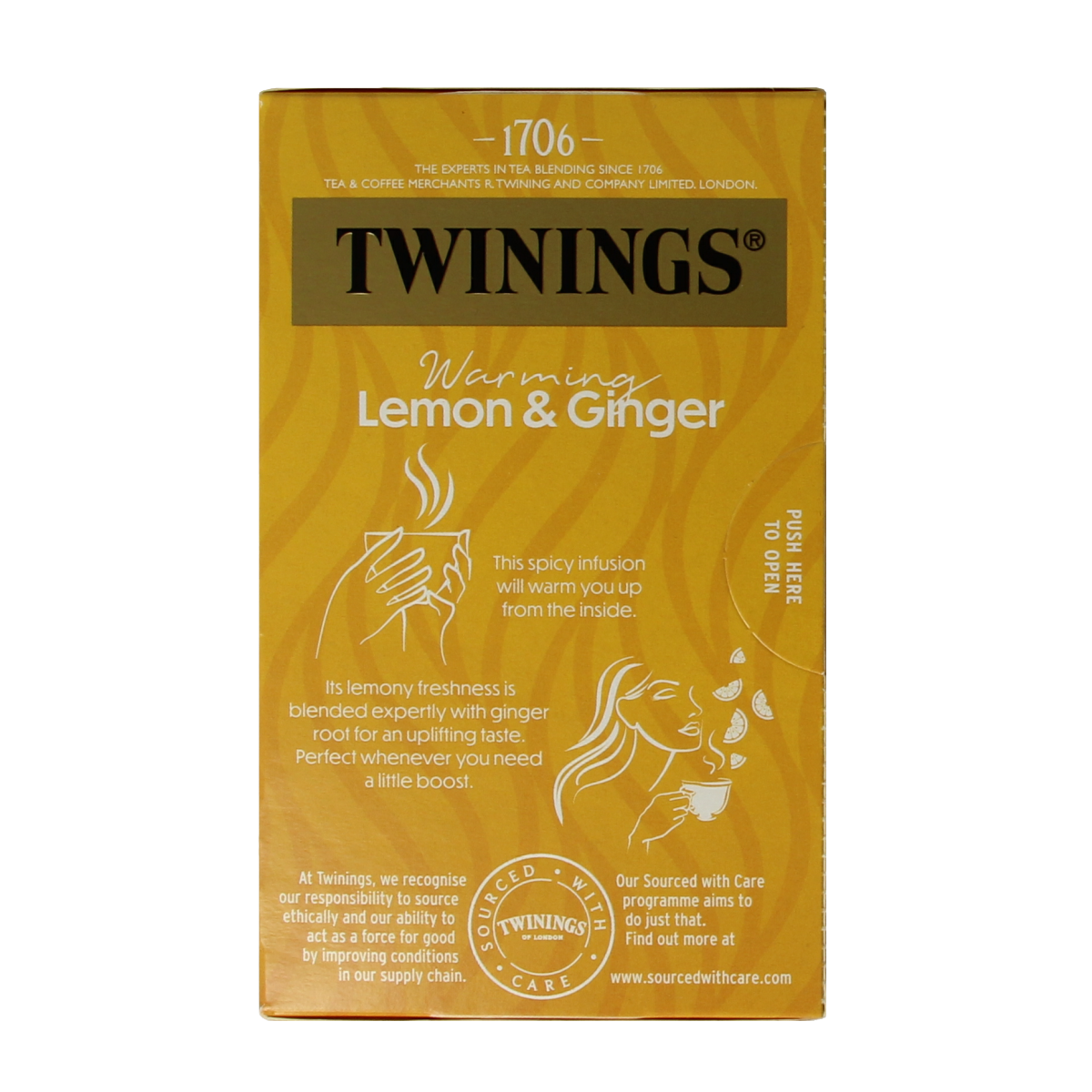 Twinings Citroen Gember tea in a box of 20 tea bags, featuring lemon and ginger flavor, on a white background.