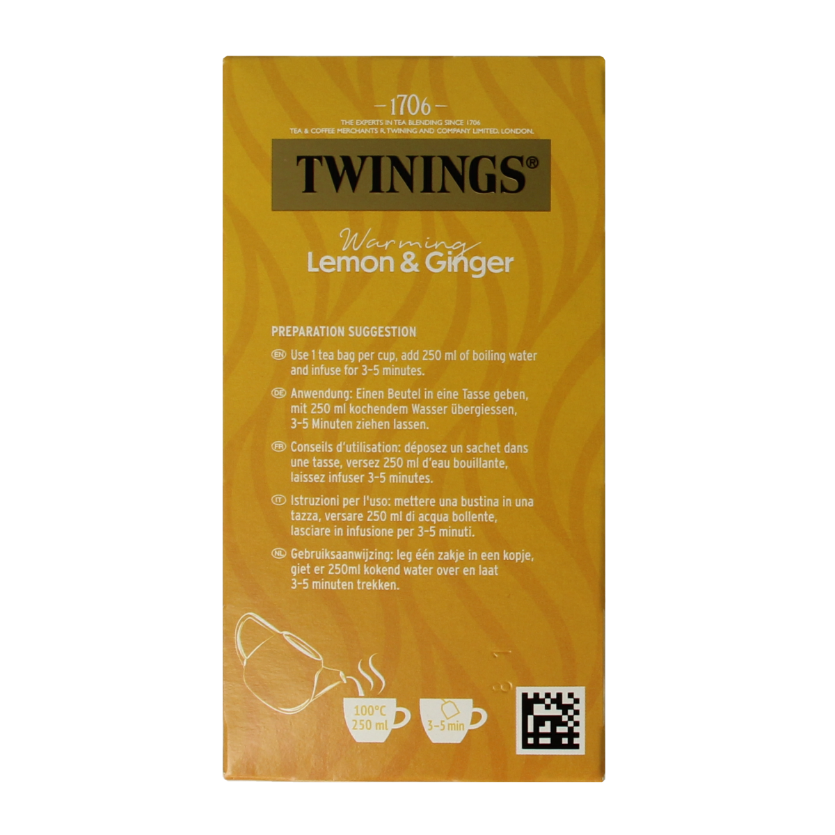 Twinings Citroen Gember tea bags, 20-count box, featuring lemon and ginger flavor in a pack of Twinings tea and coffee.