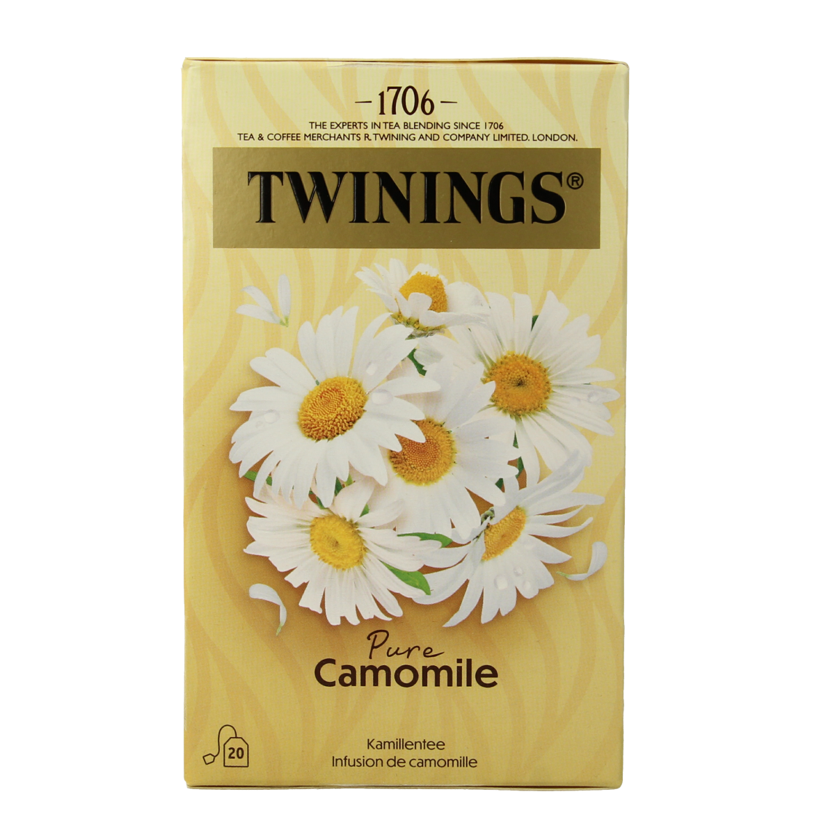 Twinings Kamille herbal tea bags, 20-pack, featuring chamomile infusion in individual tea sachets.