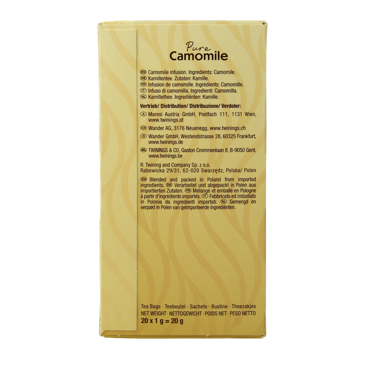 Twinings Kamille tea bags, 20-count, herbal tea in individual sachets, featuring chamomile flowers on packaging.