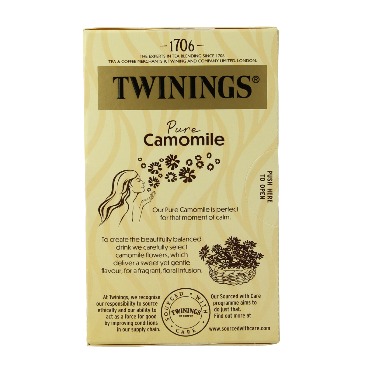 Twinings Kamille herbal tea bags, 20-count box, featuring chamomile flowers and natural tea blend in a colorful package.