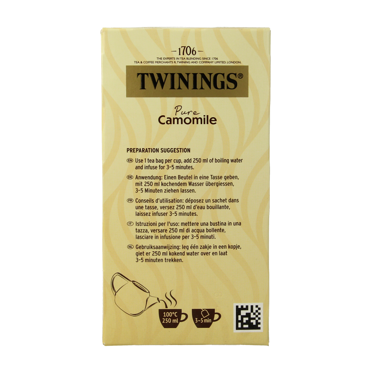 Twinings Kamille herbal tea bags, 20-count, in a box with tea infuser and chamomile flowers visible.