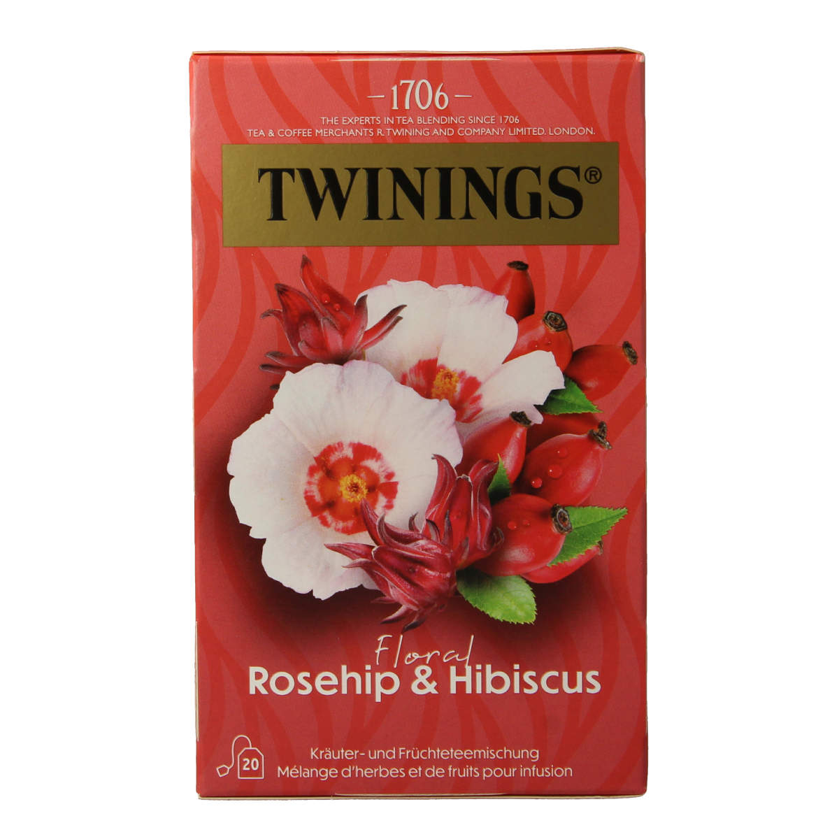Twinings Rozenbottel Hibiscus tea bags, 20 count, showing vibrant dried hibiscus flowers in a clear package.